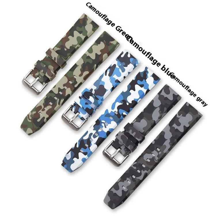 Blue, green, and grey camouflage patterned silicone watch strap shown in 20mm, 22mm, and 24mm width options.