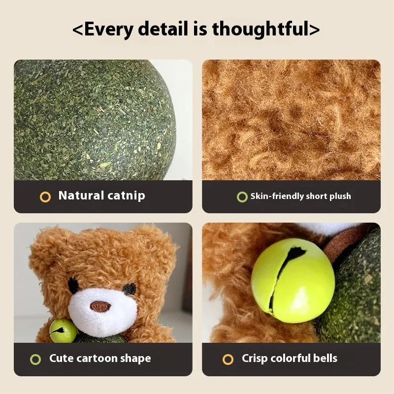 Brown bear plush cat toy with a mint ball and bell, showing size of 15cm height.
