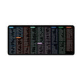 Large black office mouse mat with white printed calculator shortcut keys, shown on a wooden desk.