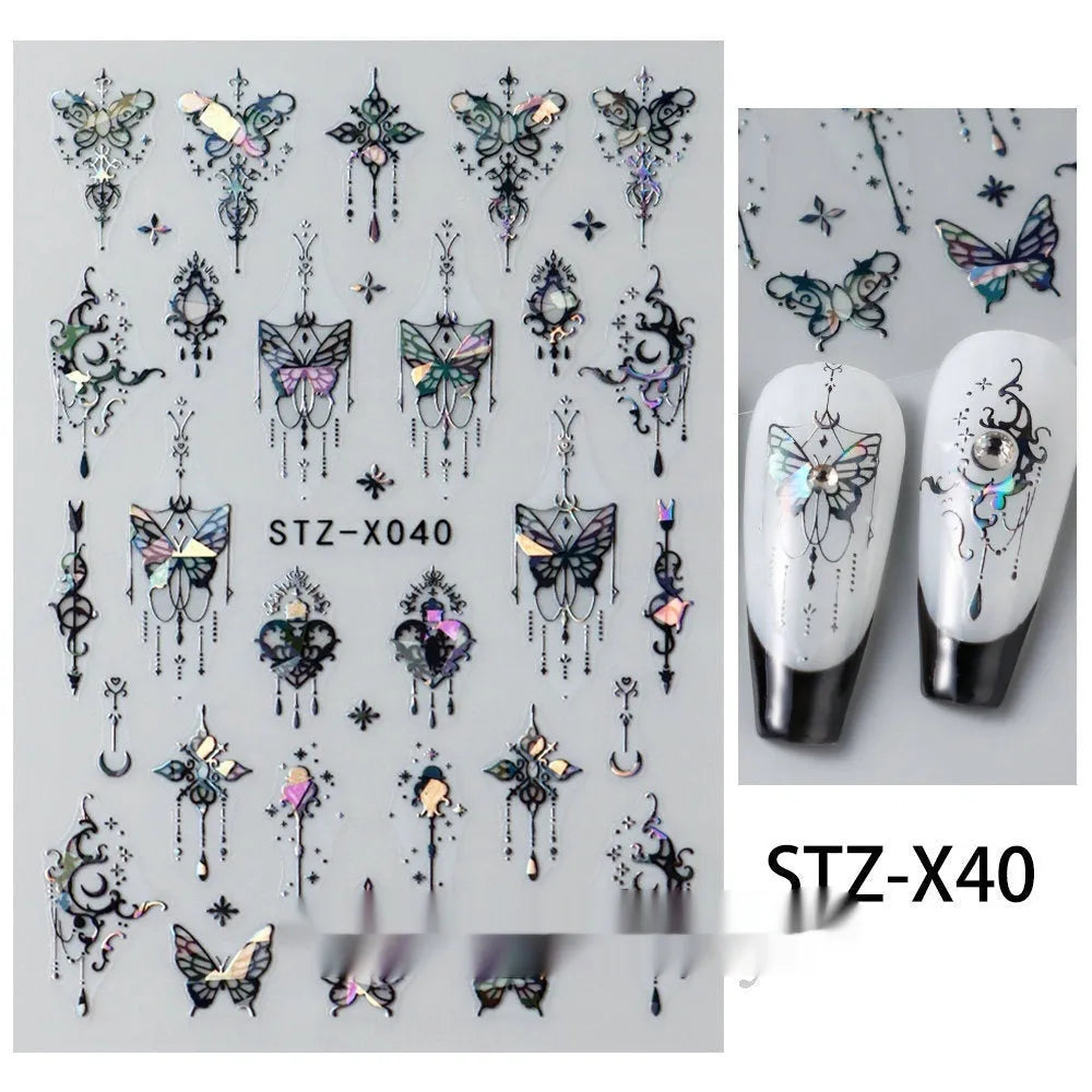 Cartoon-themed nail art sticker sheet with black and silver strip patterns and love motifs