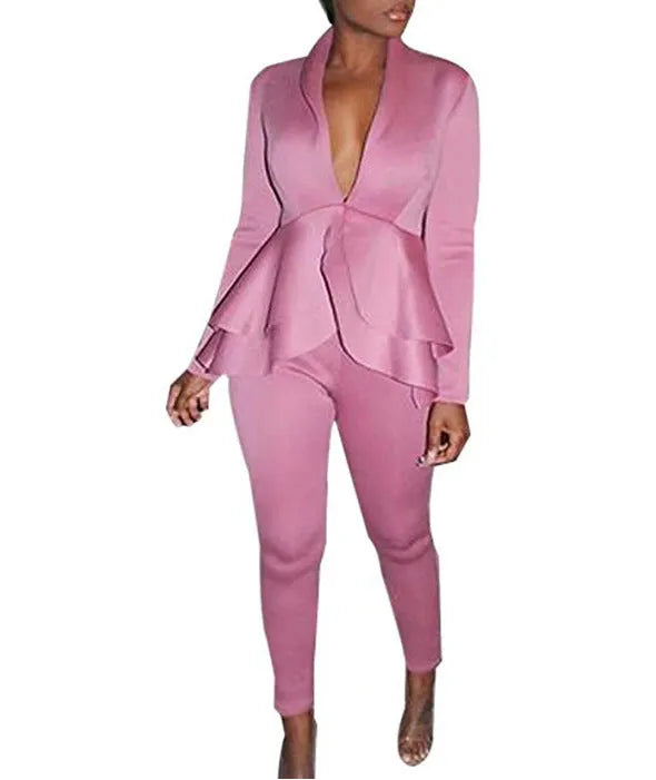 Ruffled sleeve business blazer and pencil trouser uniform set in polyester fabric