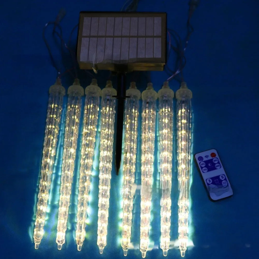 LED ice cone solar meteor shower lamp with flower-shaped 30cm lights for outdoor decoration