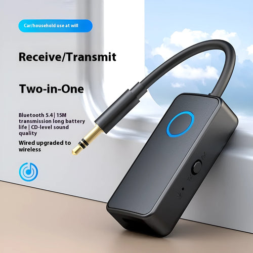 Black Bluetooth 5.4 audio adapter with 3.5mm plug for wireless streaming to car stereos and speakers