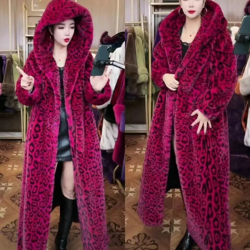 Long brown leopard print faux fur coat for women in a loose plus-size fit.