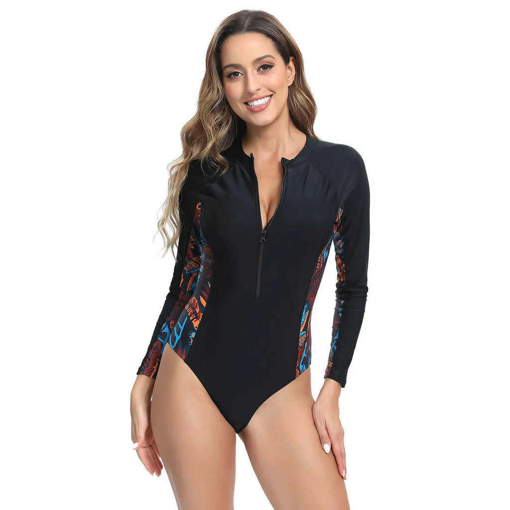Women's long sleeve one-piece swimsuit with a floral print pattern
