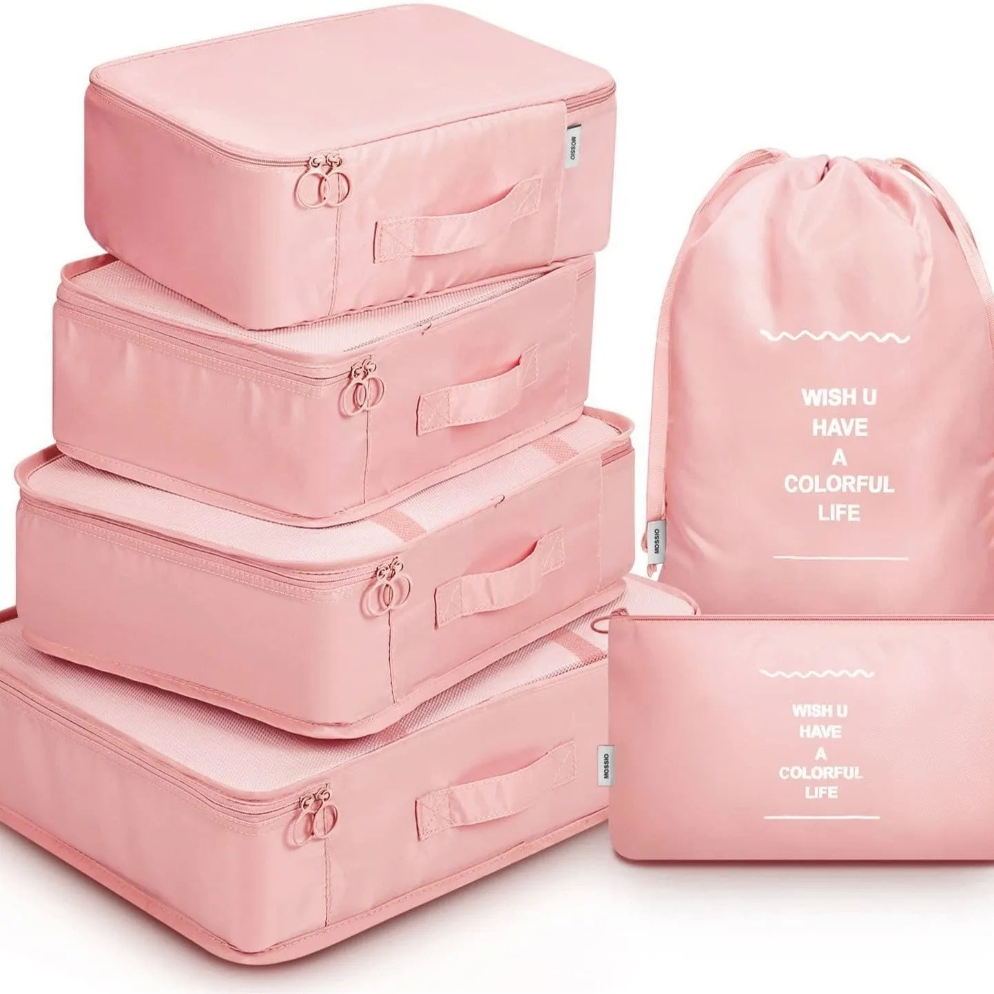8-piece set of nylon packing cubes in various colours for travel storage of clothes, shoes, and toiletries