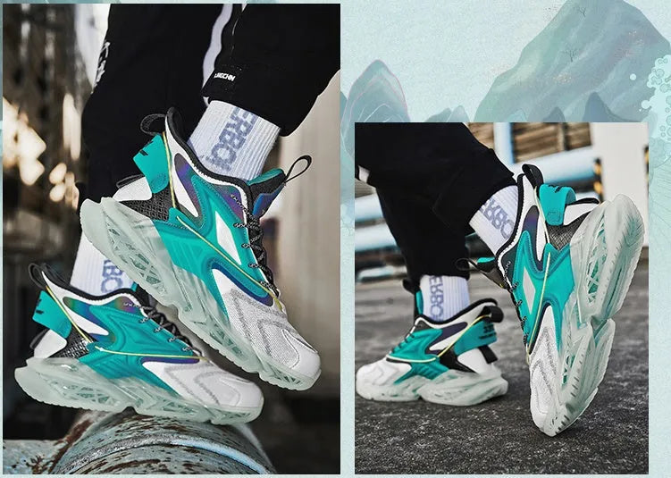 New Student Korean men's sports casual shoes in white and green with mesh upper and rubber sole side view