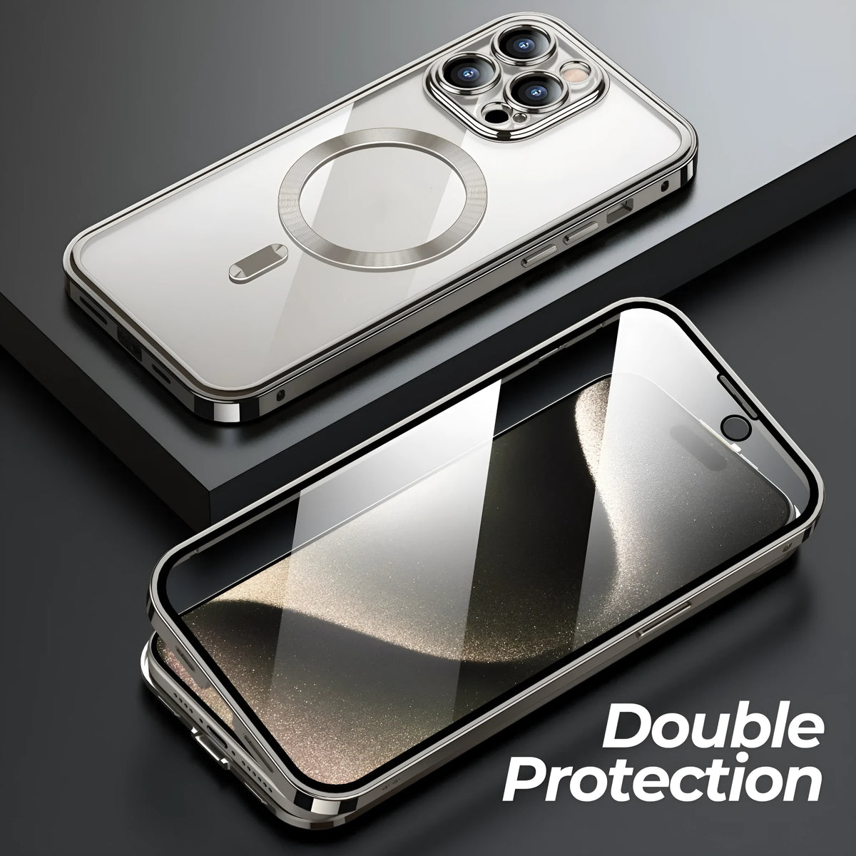 Magnetic metal iPhone case with electroplated reflective finish, all-inclusive style, for iPhone 12-15 Pro Max