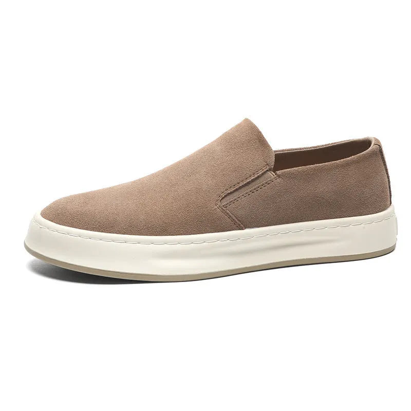 Men's apricot and grey casual slip-on shoes with round toe and rubber sole on a white background.