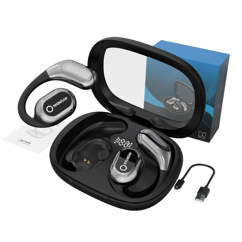 Black Bluetooth noise reduction headset with AI interpretation, ear hook design, and touch controls