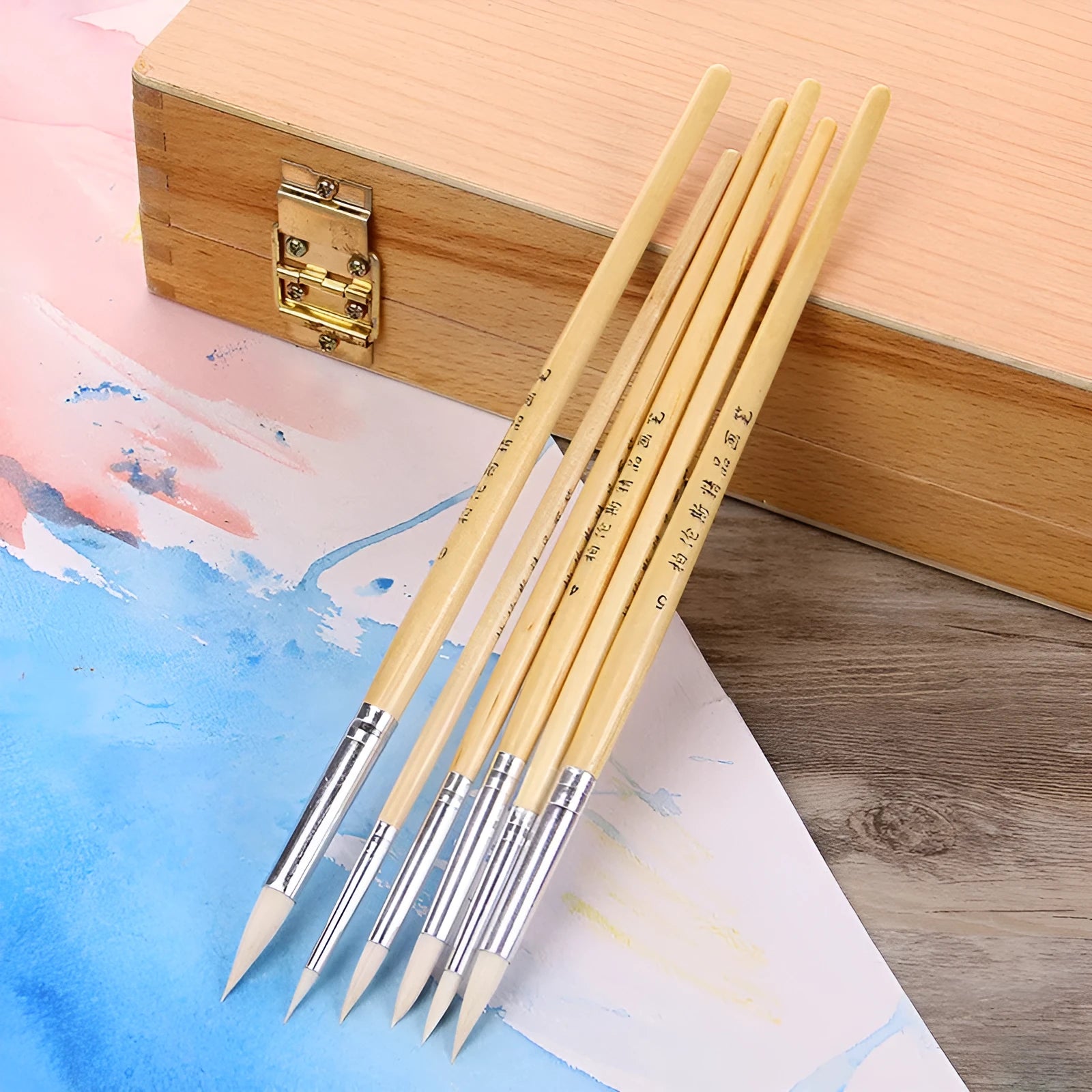 Wooden hook line pen brush suit of six pieces for wool yarn craft projects