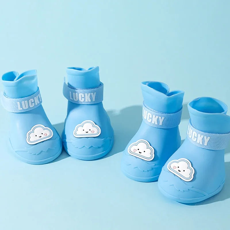 Waterproof anti-slip silicone pet rain boots, 4PCs, blue green pink yellow, sizes L to 5XL