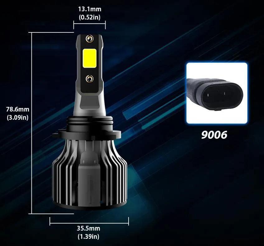 6000K white LED car headlight bulb with adjustable chuck and connector for plug-and-play installation.