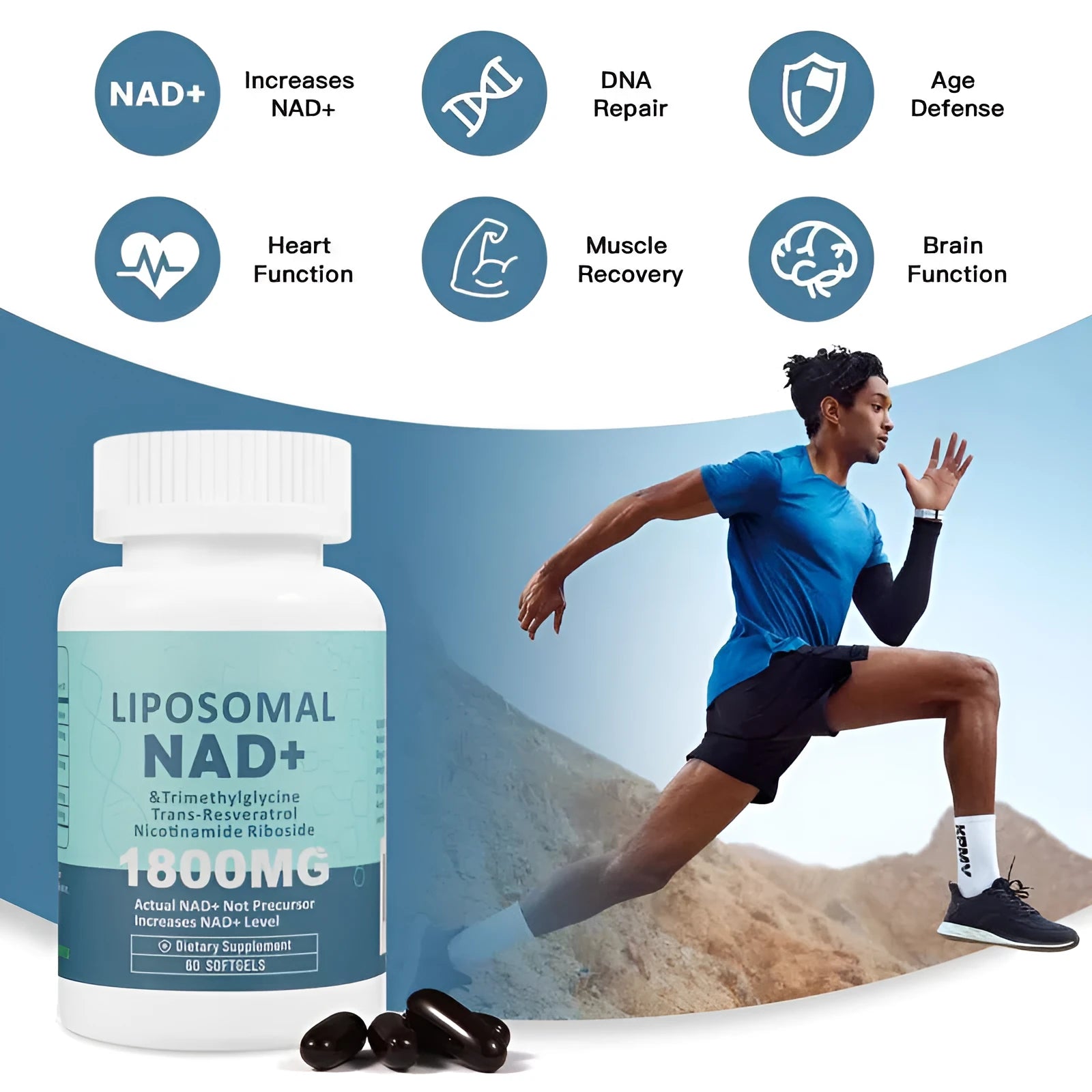 Bottle of nicotinamide mononucleotide NMN gel capsules supplement with 60 or 120 count options.