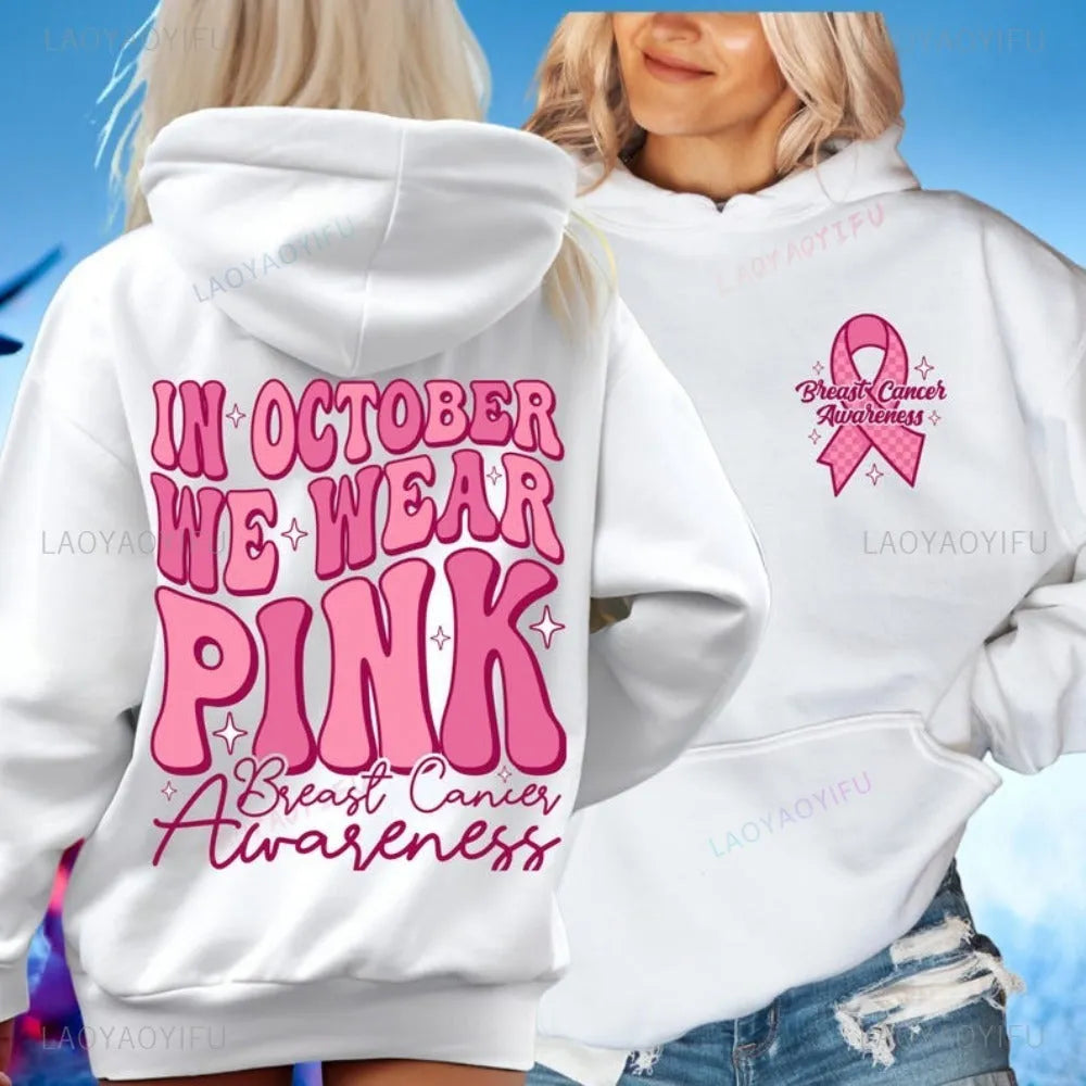 Pink Breast Cancer Awareness pullover hoodie with side seam pockets and hot stamping decorative elements