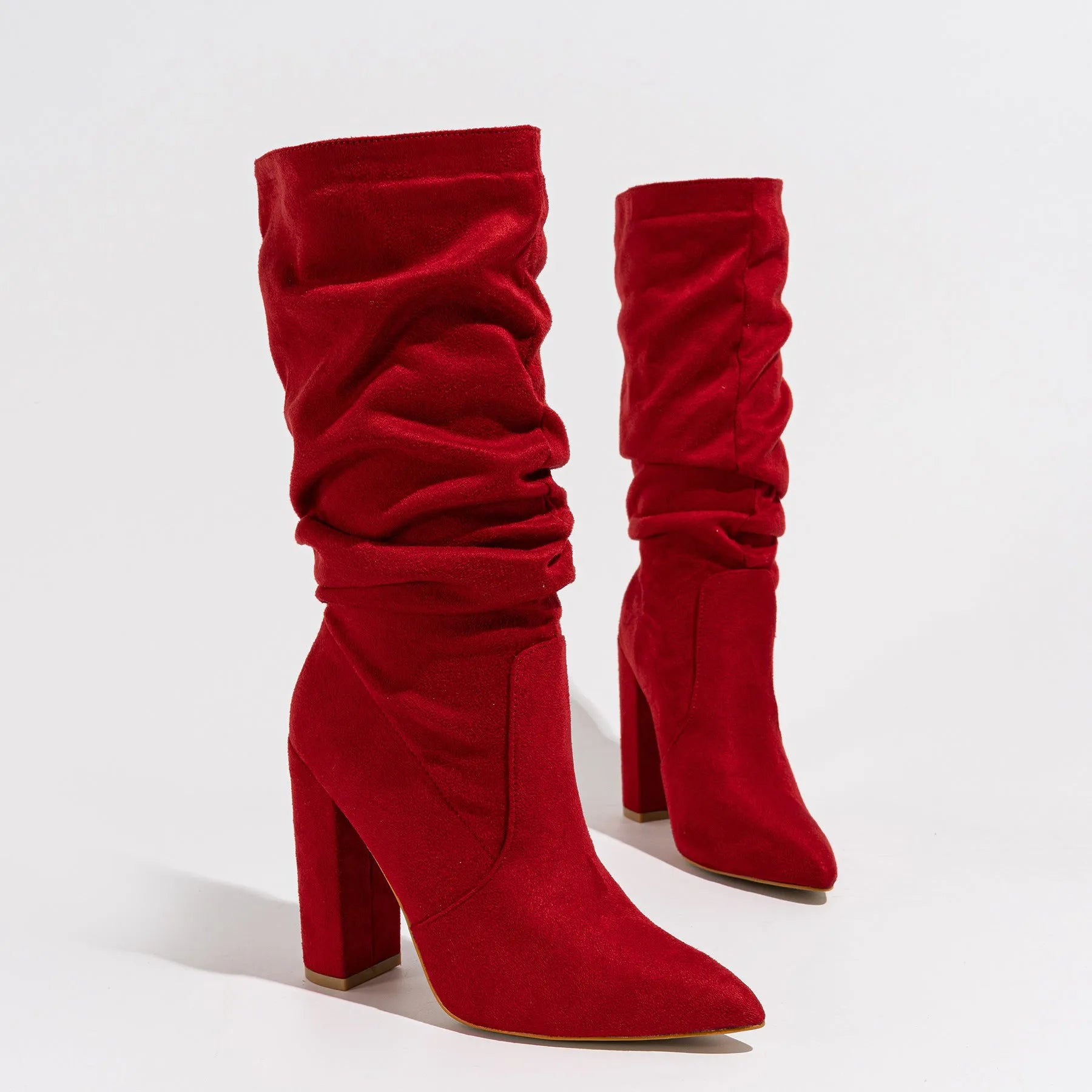 Black suede women's chunky heel pointed-toe high heel boots with a middle calf length