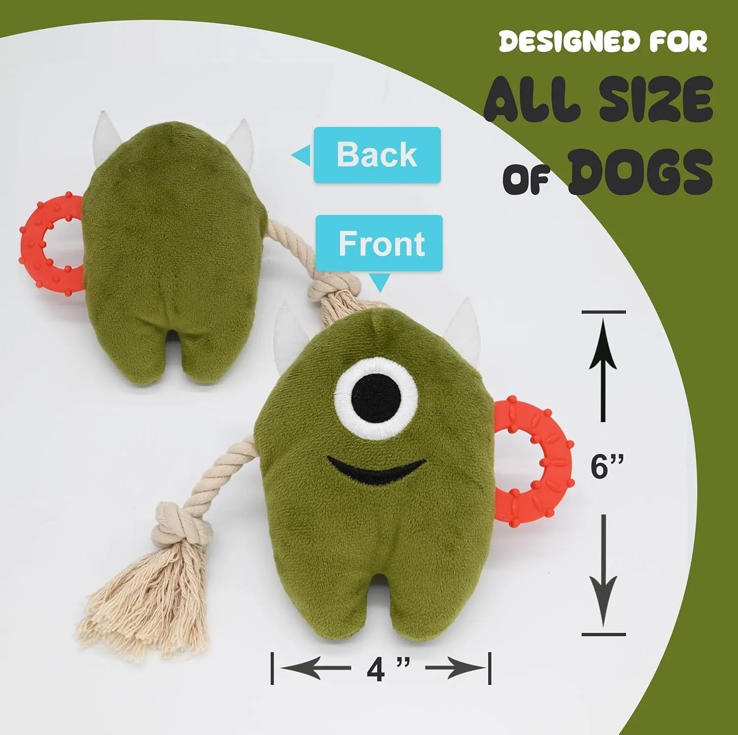 Blue monster plush dog toy with brown cotton rope arms and a squeaker inside.