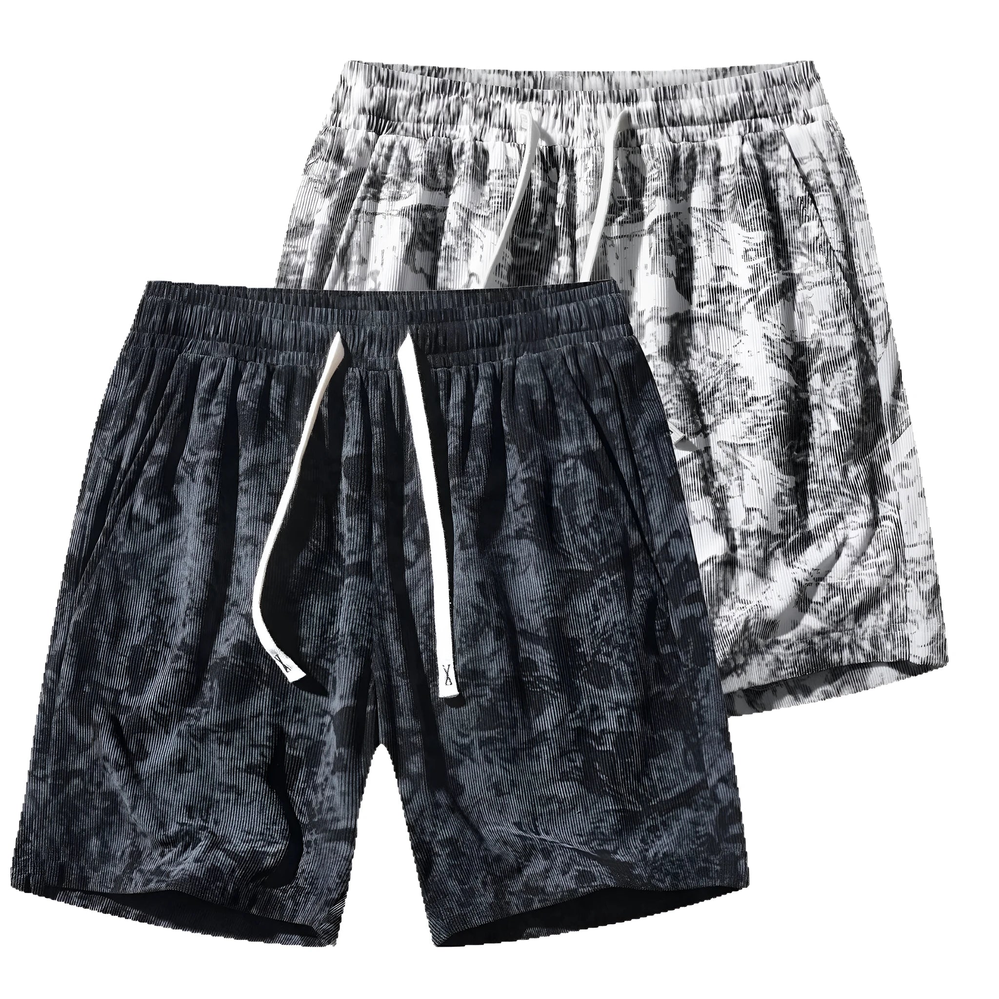 Men's corduroy camouflage shorts with high waist and straight leg cut in black, gray, and white colours
