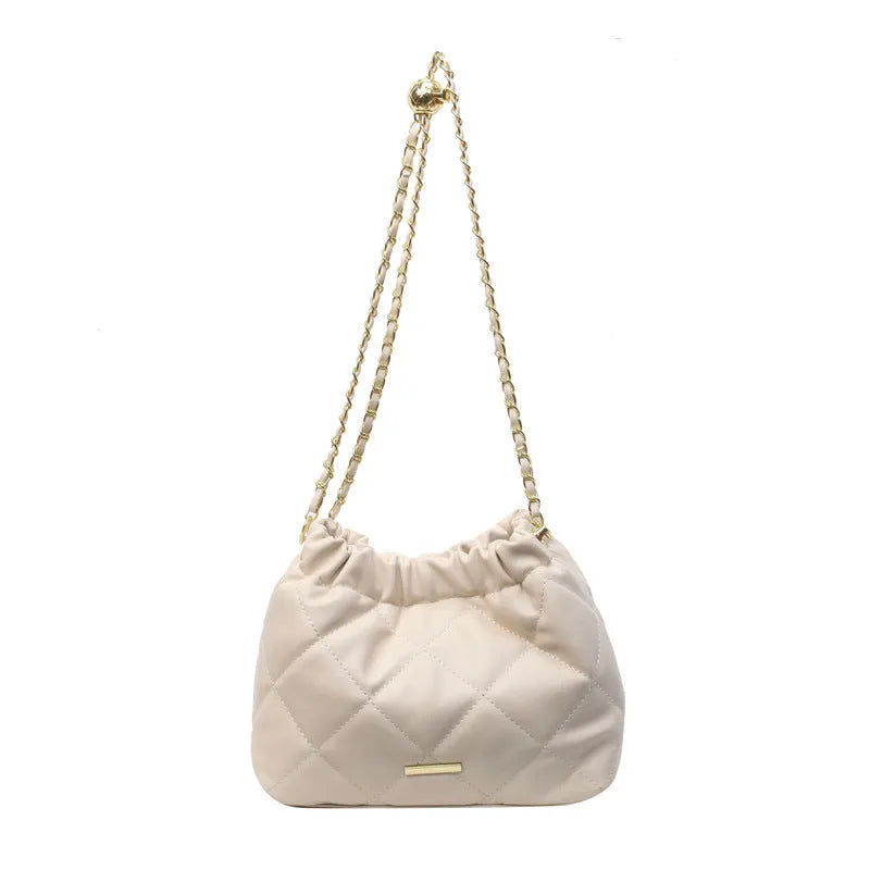 Women's casual rhombus shoulder bag chain messenger bag in PU, bucket shape, Beige colour, single strap