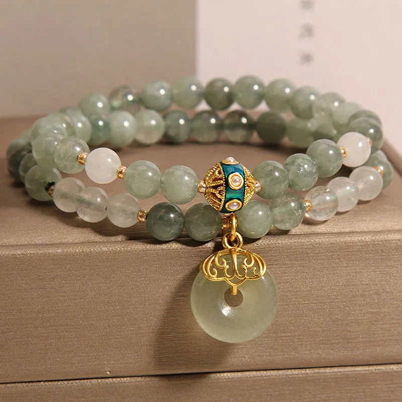 Women's double-layer aventurine jade bracelet with crystal accents and peace buckle safety clasp