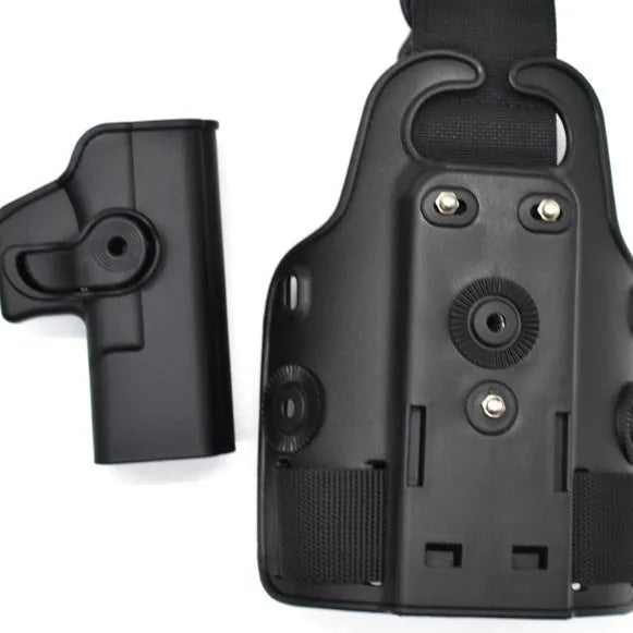 Green plastic tactical leg holster bag attached via waist plate, shown on a leg.