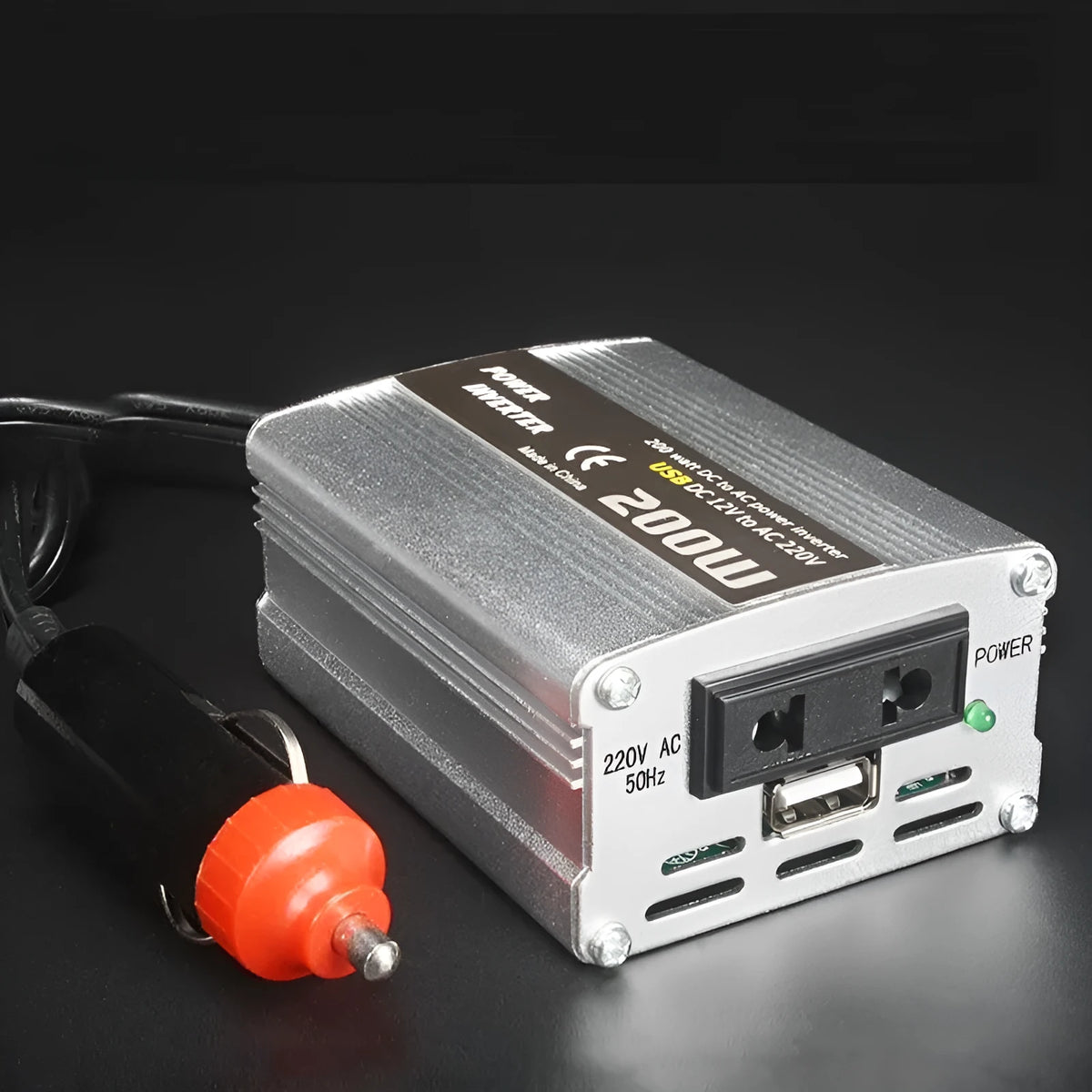200W car inverter 12V to 110V or 220V, die-cast aluminium, 87x64x38mm, sine wave, USB port