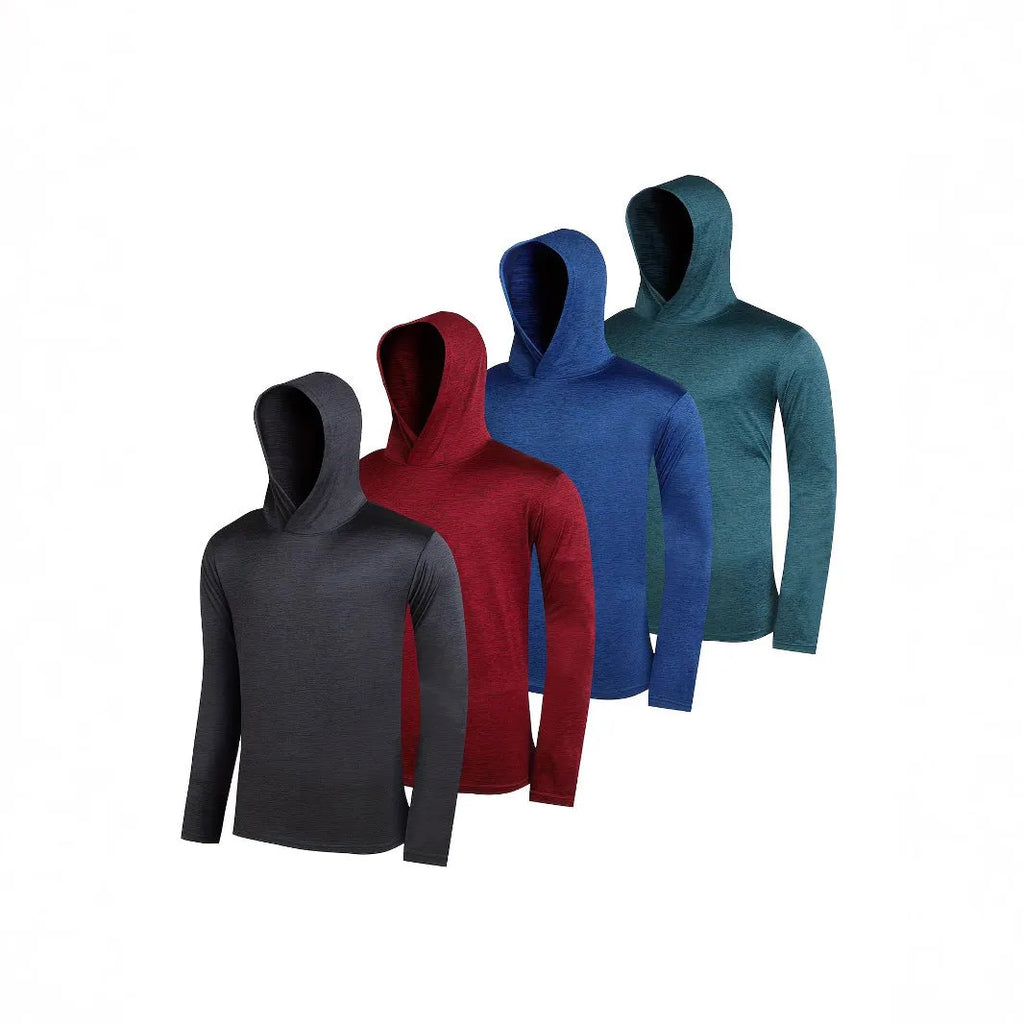 Set of four men's lightweight hoodies in elastic polyester fabric, shown in multiple colours.