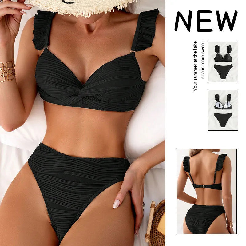 Women's solid colour bikini swimsuit in black or khaki option