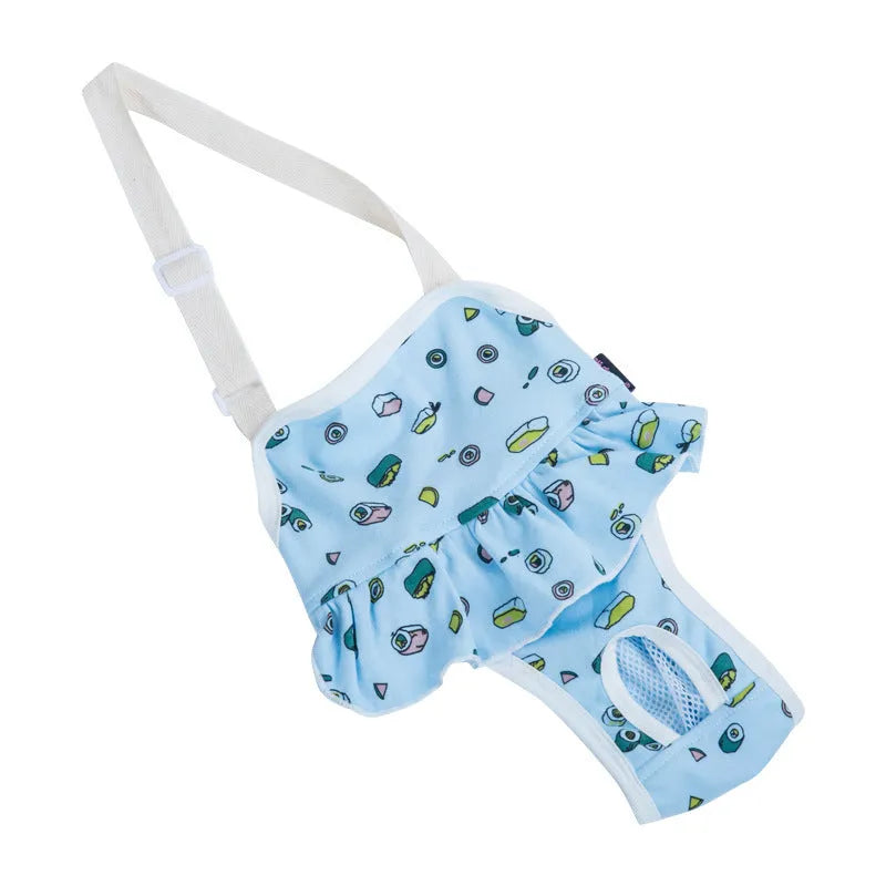 Washable cotton female dog menstrual safety pants in blue, side view on white background