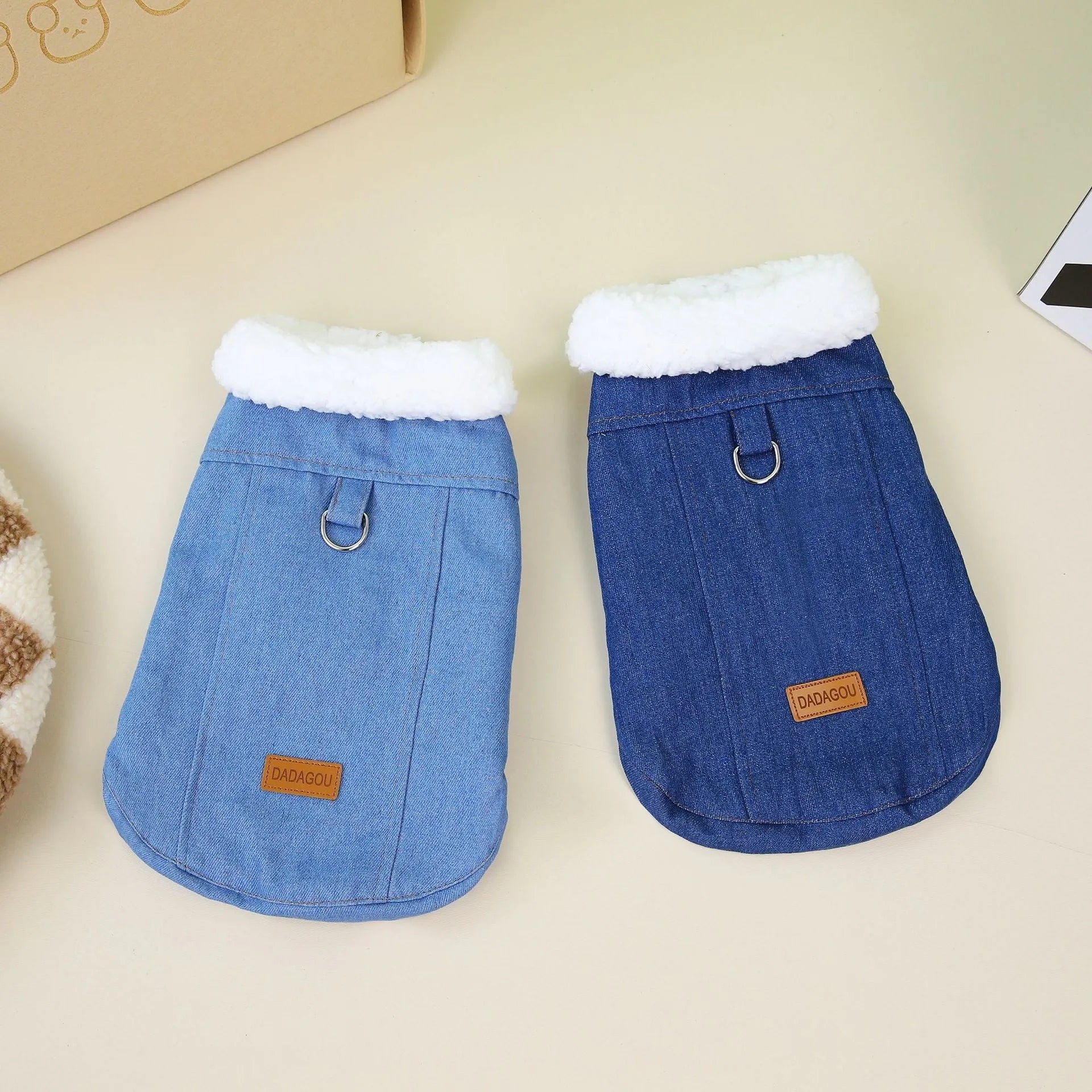 Dark blue denim cotton coat for corgi dog on mannequin showing size and jacket style