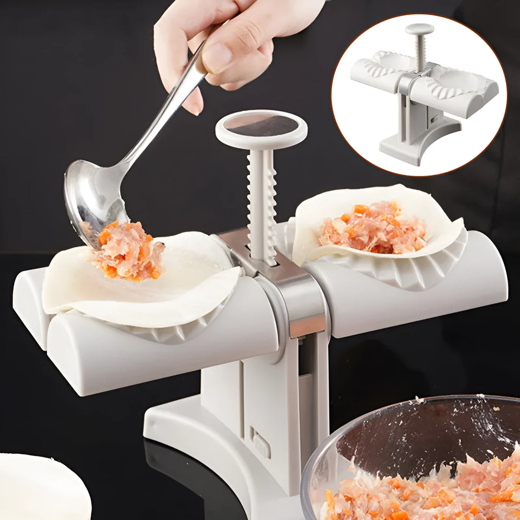 White double-headed dumpling mould with manual press and anti-slip rubber base