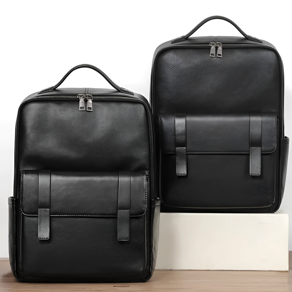 Men's black leather computer backpack with woven design and large capacity