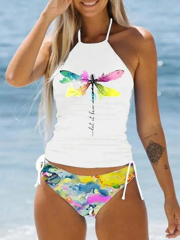 3D printed split swimsuit suit for women in brief style, sleeveless, nylon fabric, available in multiple colours
