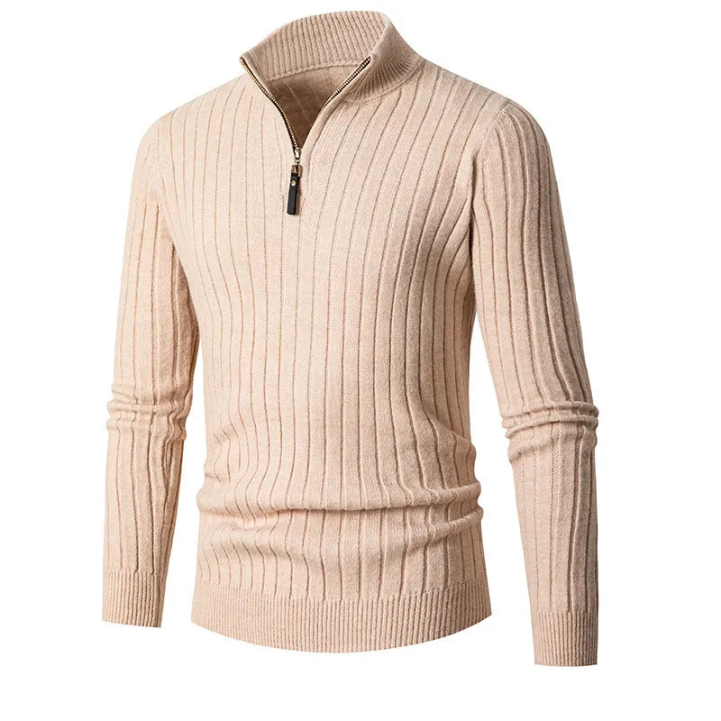 Men's long-sleeved half-turtleneck zip-up sweater in slim fit, polyester blend, shown in dark grey