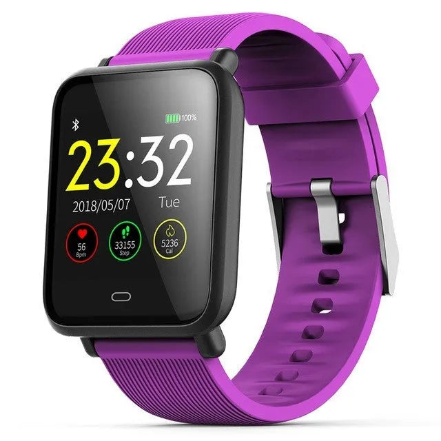 Q9 smart watch with 1.3 inch touch screen on silicone strap, black, showing heart rate display