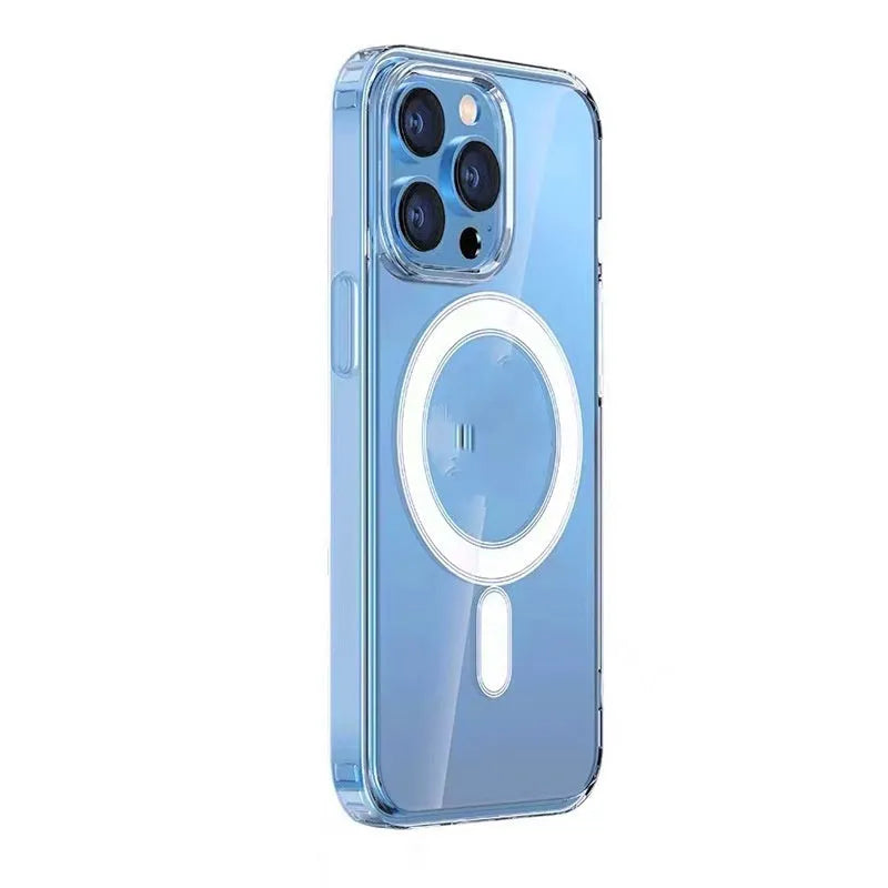 Transparent magnetic PC phone case for Apple 16 and 16 Plus with airbag corners and straight edge all-inclusive design