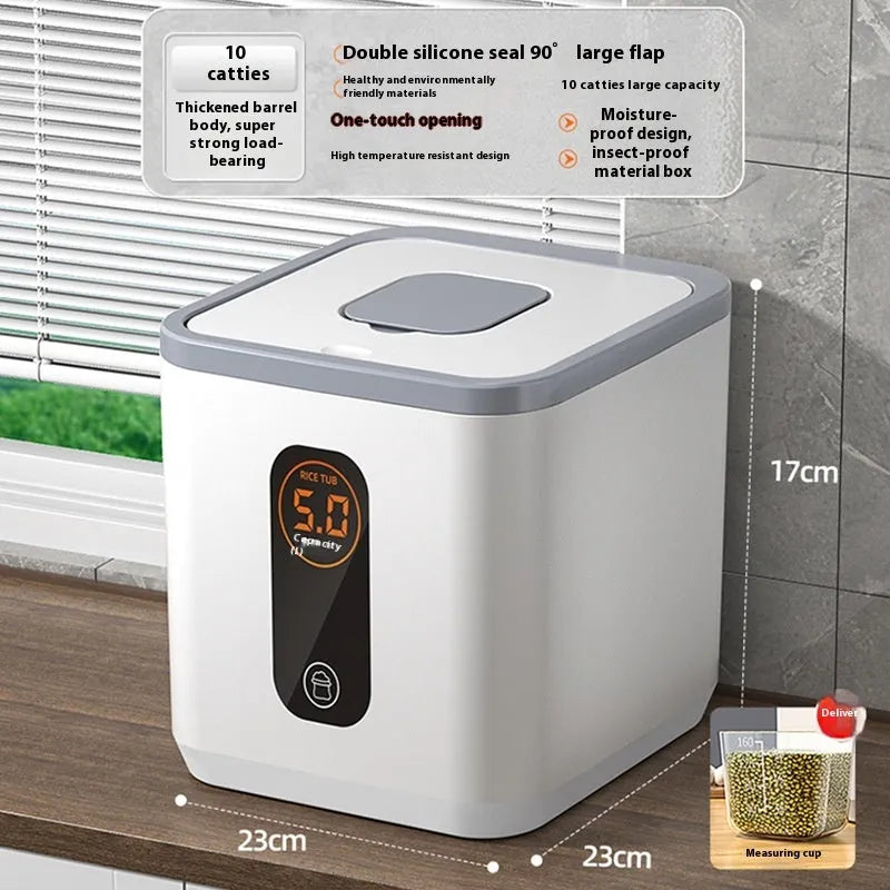 Grey plastic rice storage jar with a sealed lid and a measuring cup, shown in different sizes.