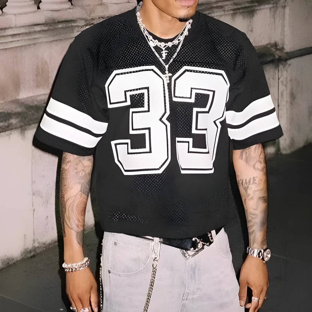Men's short sleeve mesh sports jersey T-shirt, round neck, loose straight fit, thin polyester bird eye cloth, cartoon pattern