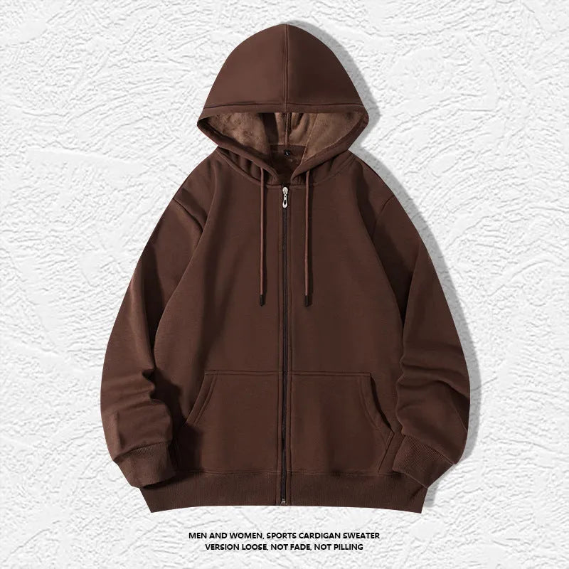 Men's plus size heavyweight zipper hooded sweater cardigan in beige colour showing front zipper and hood