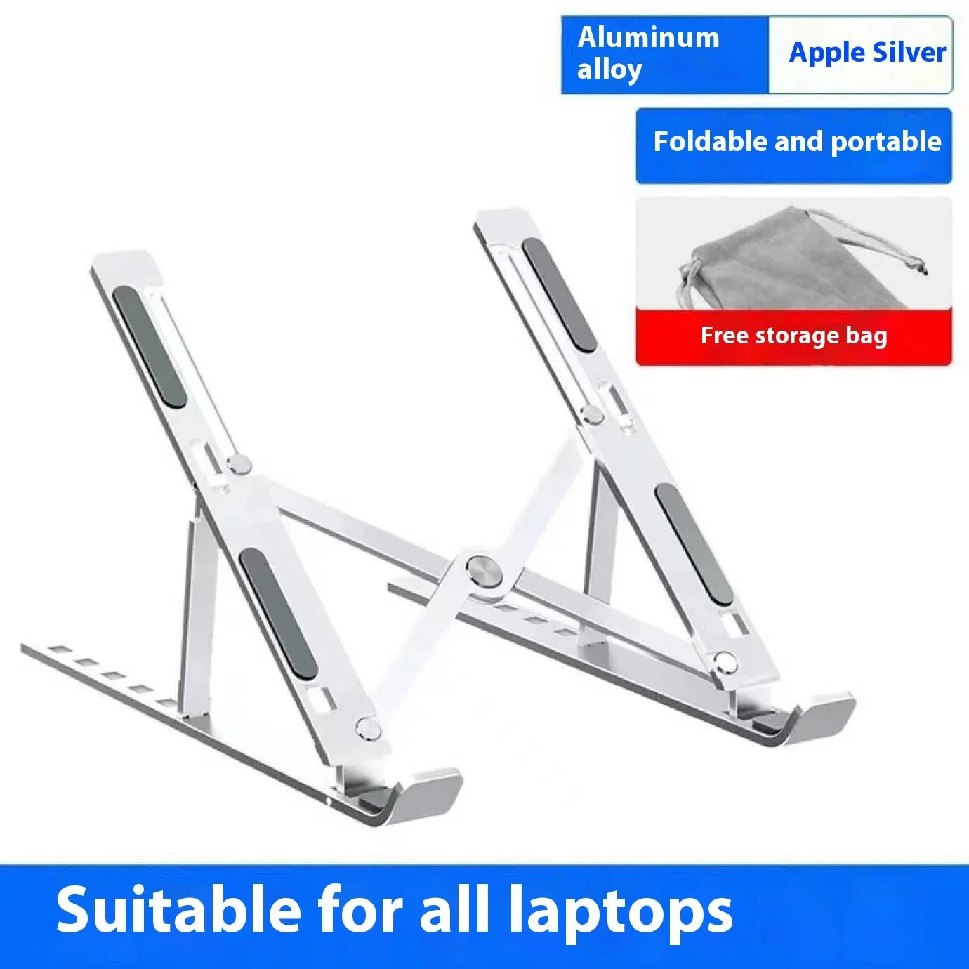 Aluminium folding laptop stand in silver colour with cooling gap beneath device placement area
