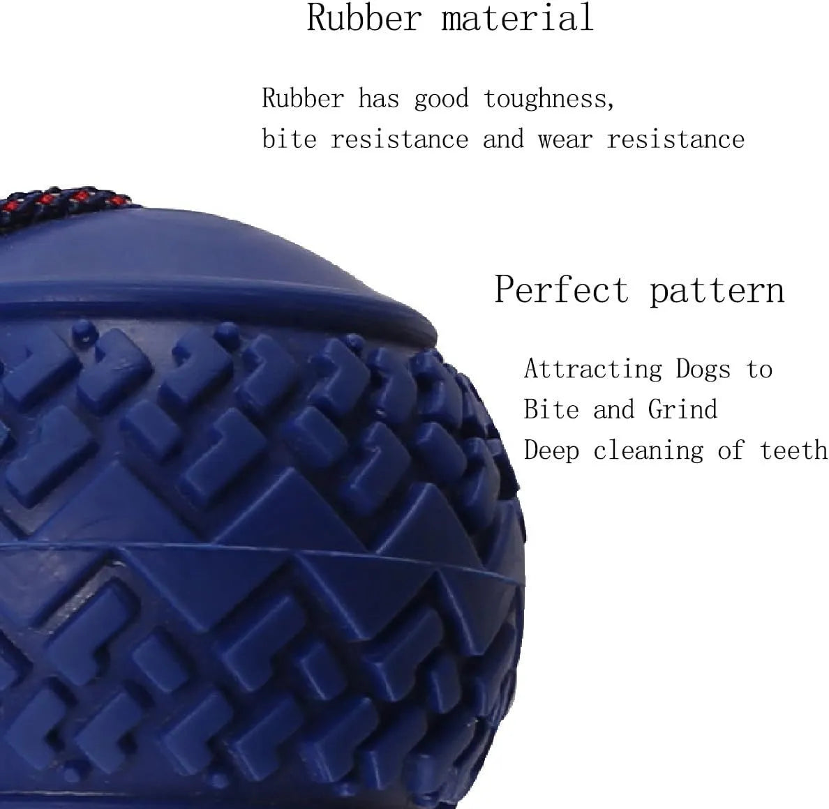 Blue dog ball with attached rope, showing textured surface and total length of 29 cm.