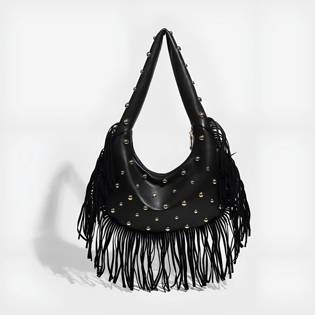 Retro personalised tassel shoulder handbag in black or wine red with internal phone compartment