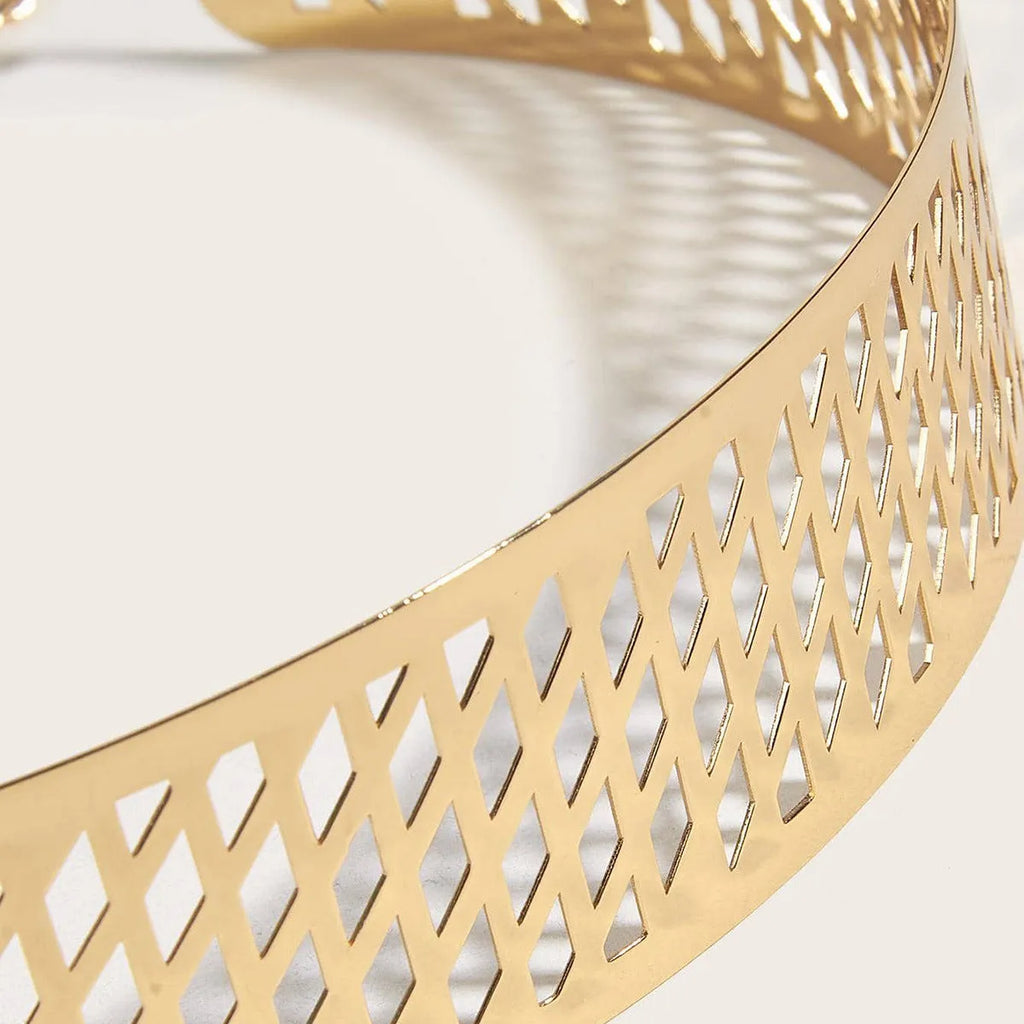 Gold chunky metal waist belt with lantern-head design, 4.5cm wide and 105cm long with hook buckle.