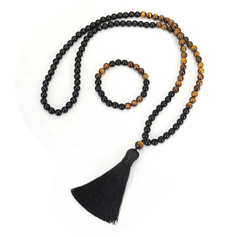 Tiger eye stone tassel pendant on ball bead chain necklace bracelet with drop shape design