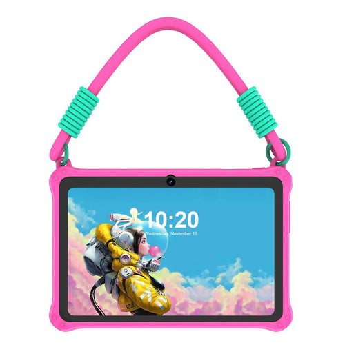 7-inch children's tablet silicone protective case in blue with flat strap and accessories