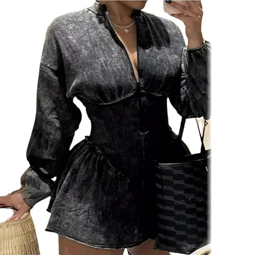 Grey women's A-line dress with a drawstring waist and long sleeves, featuring a digital print.
