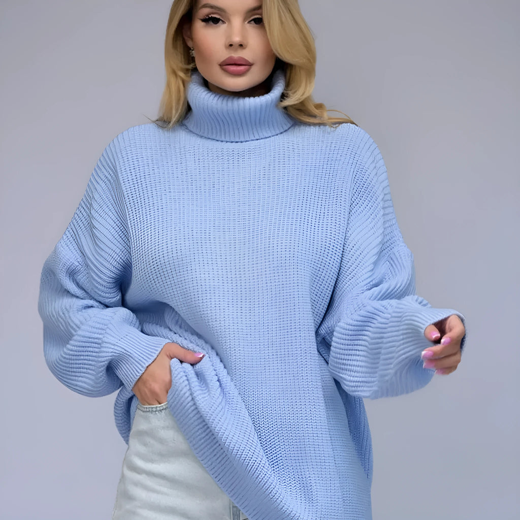 Women's high neck pullover sweater in imitation cashmere fabric with solid colour and 3D pattern design