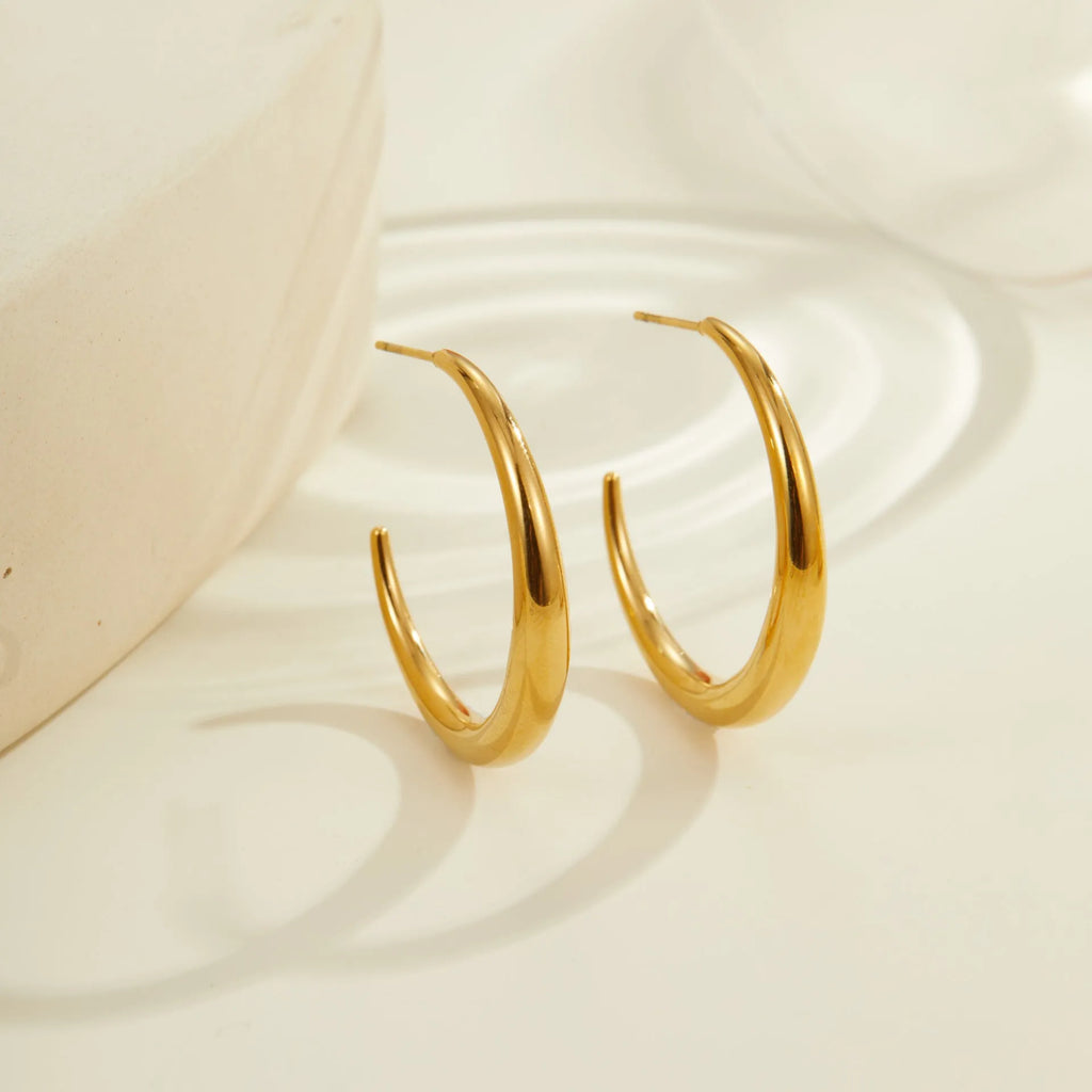 Simple titanium steel hoop earrings in gold and steel finishes, available in large and small circular sizes
