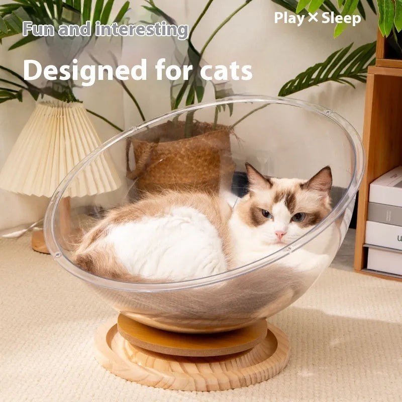Transparent acrylic cat space capsule bathtub bed with wood board base