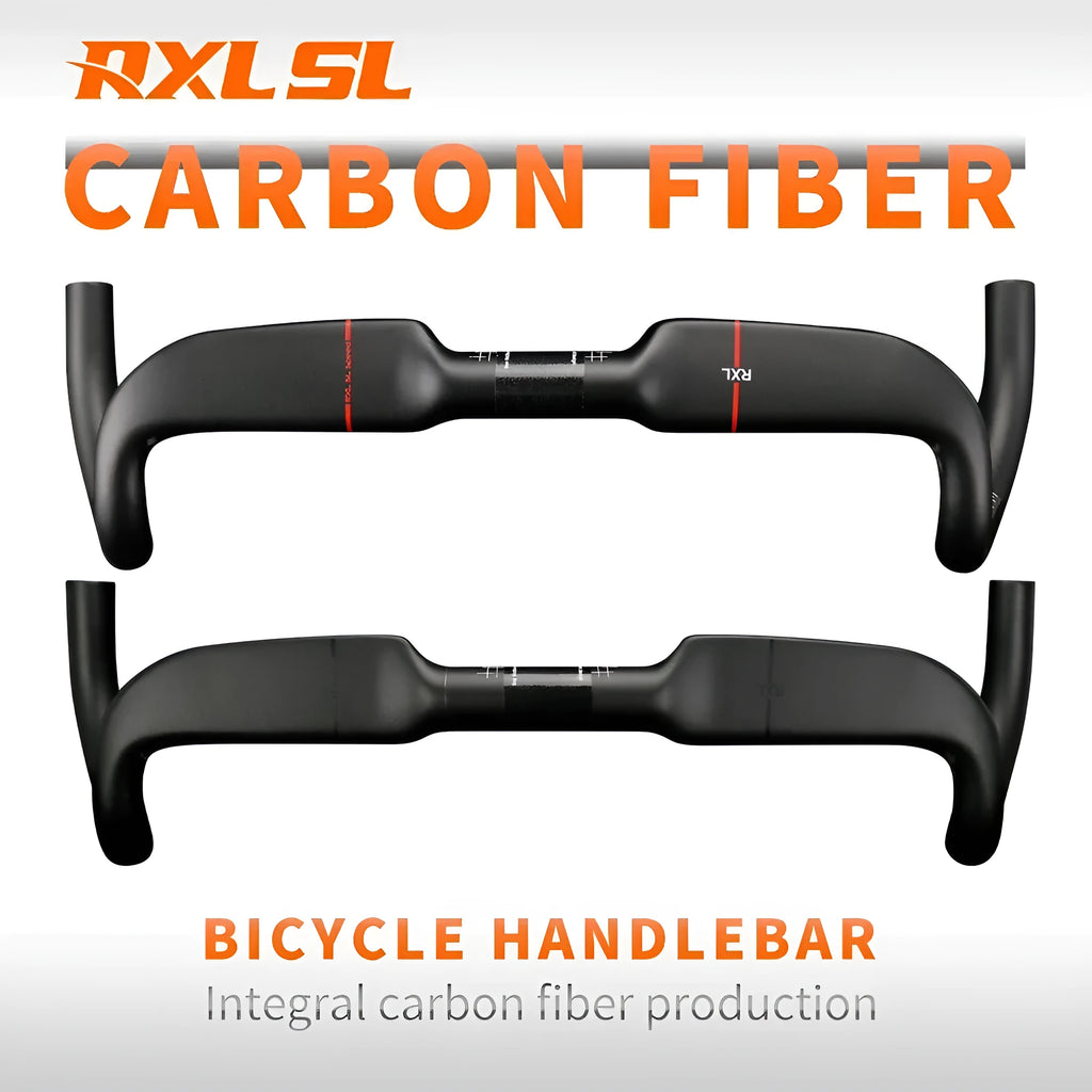 Carbon fiber road bicycle handle bar with a double line design, shown in red and black colour options.
